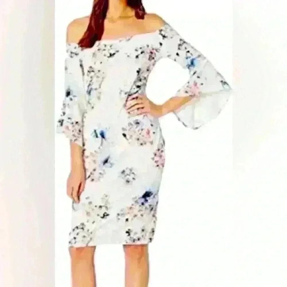 Bebe Ivory Multi Pink Blue Floral Off Shoulder Bell Sleeve Dress